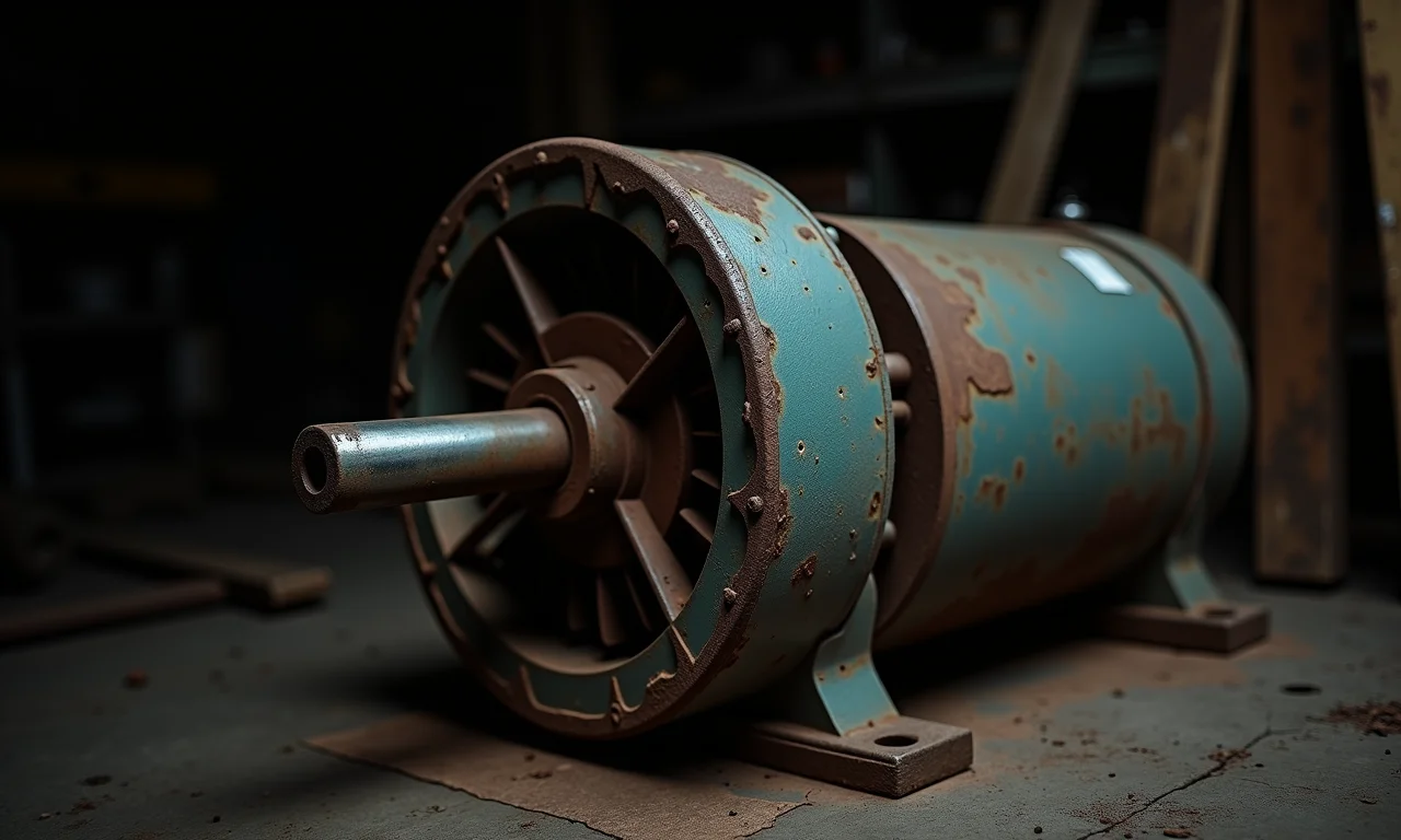 Motor elétrico abandonado, enferrujado e quebrado.