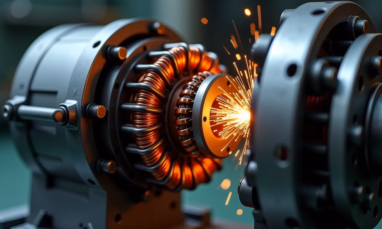 Motor elétrico desmontado mostrando bobinas e rotor com faíscas.