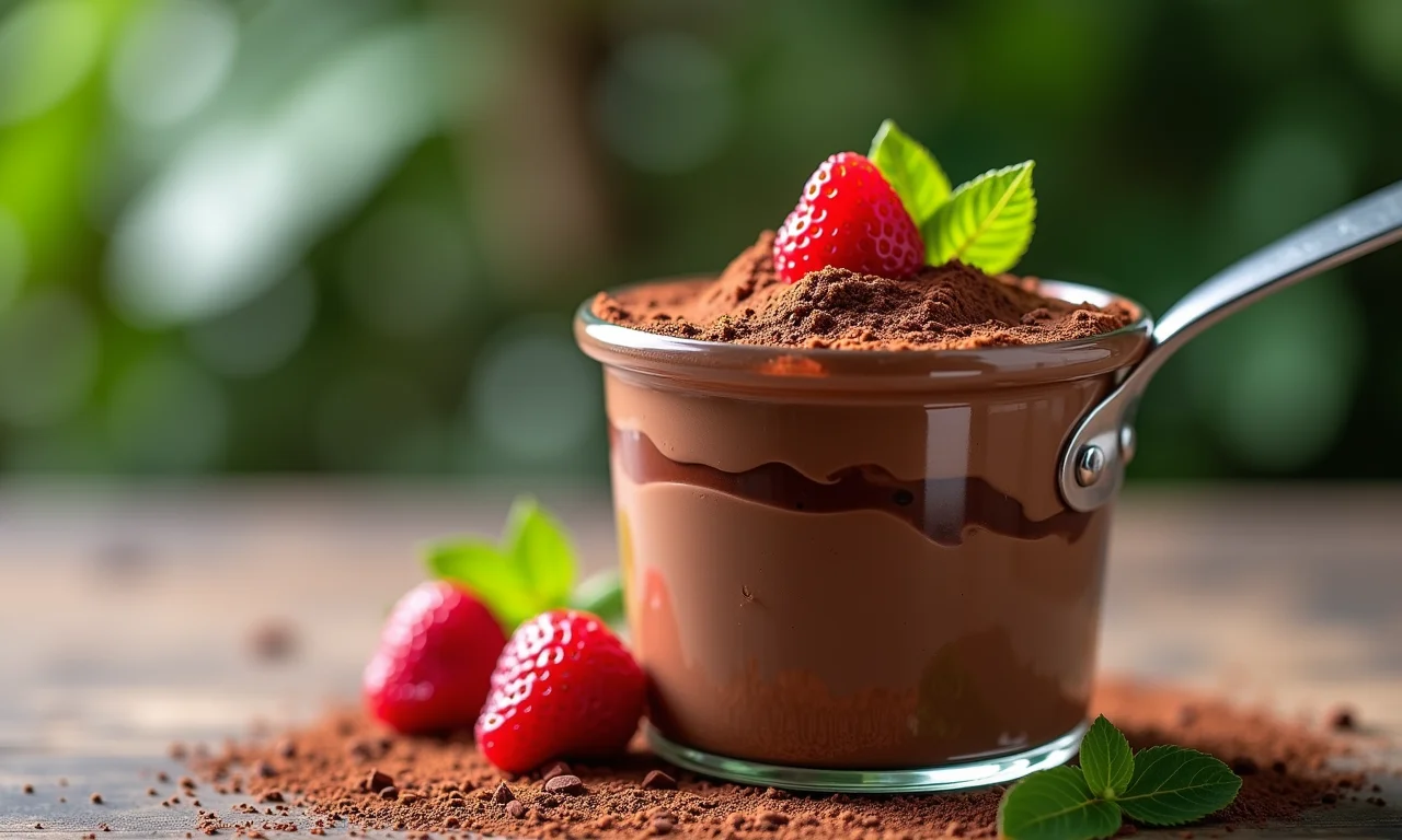 Mousse de chocolate em camadas, servido em pote de vidro.