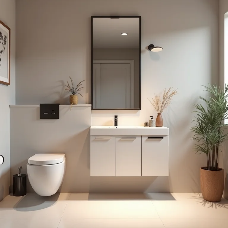 Móveis compactos e funcionais para otimizar o espaço do banheiro.