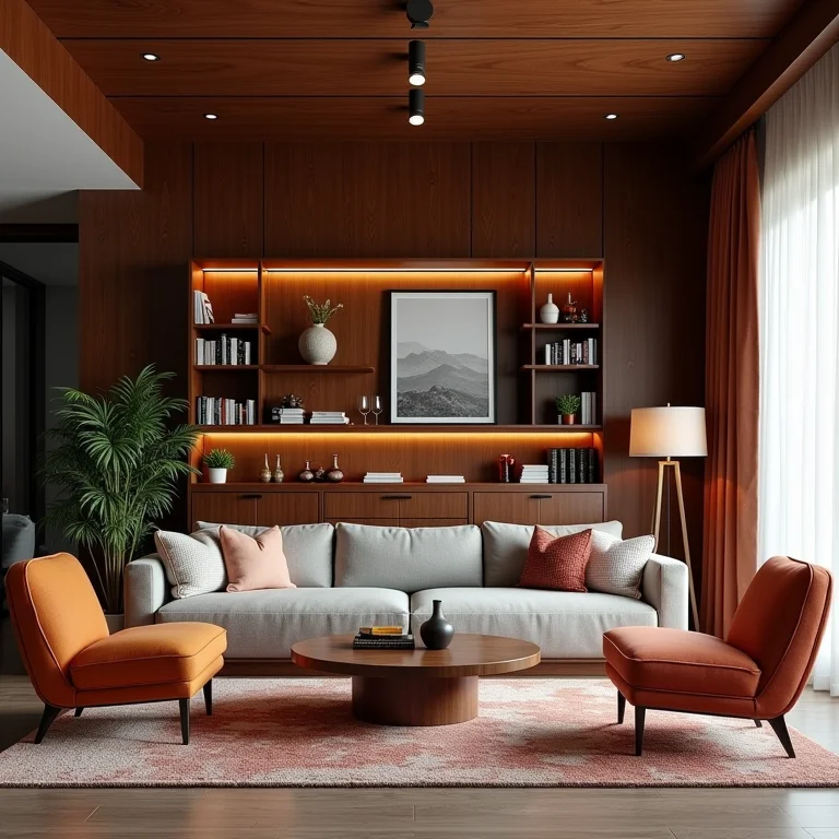 Móveis de bar com estilos conflitantes em uma sala de estar.