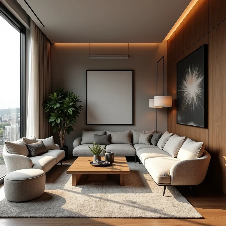 Móveis de bar desproporcionais em uma sala pequena.