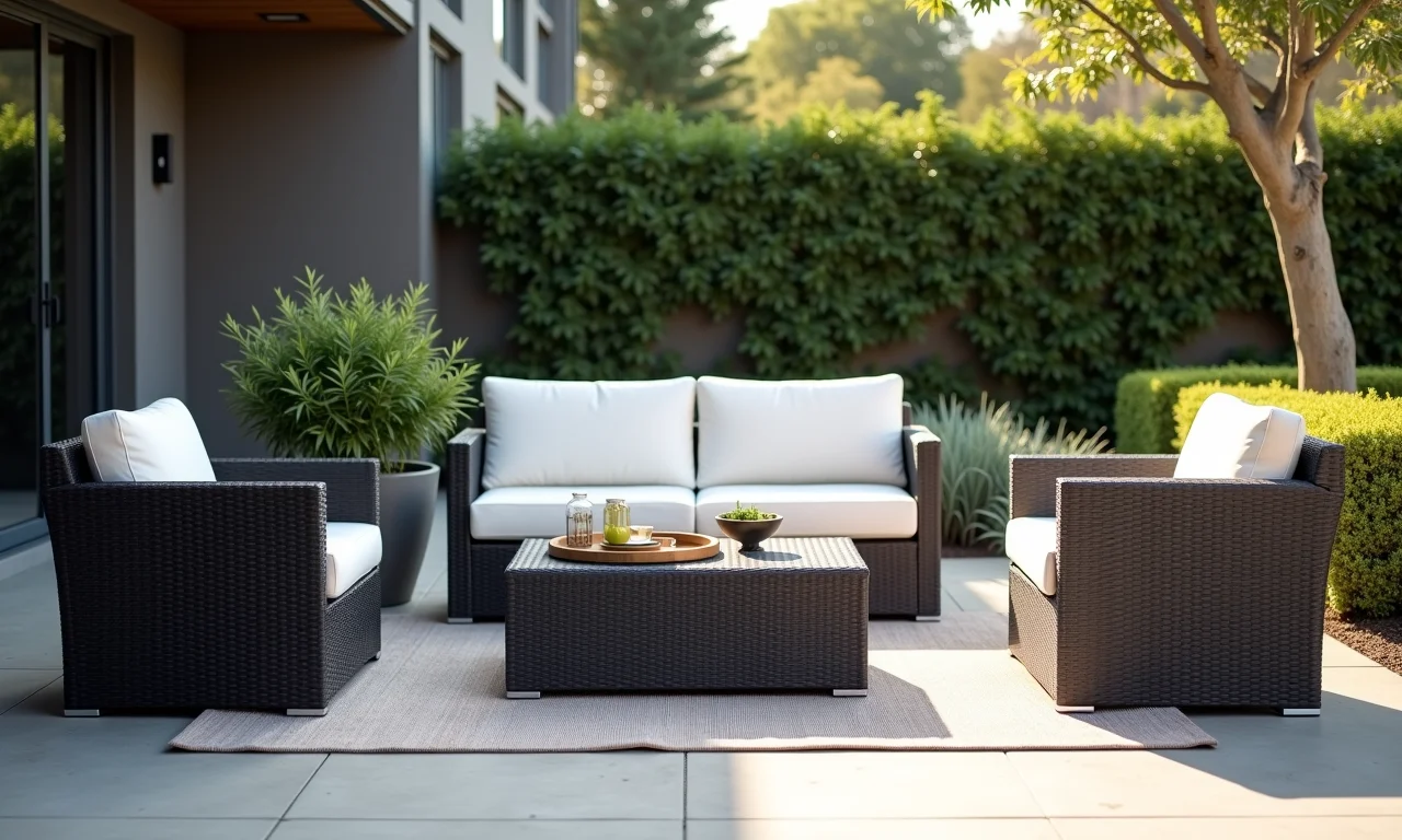 Móveis de fibra sintética de marcas de confiança em área externa.