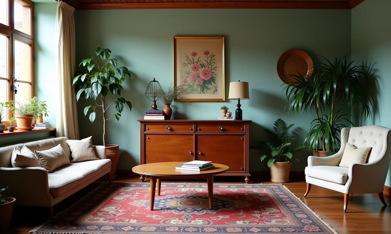 Móveis vintage em sala de estar boho com baú antigo e itens reutilizados