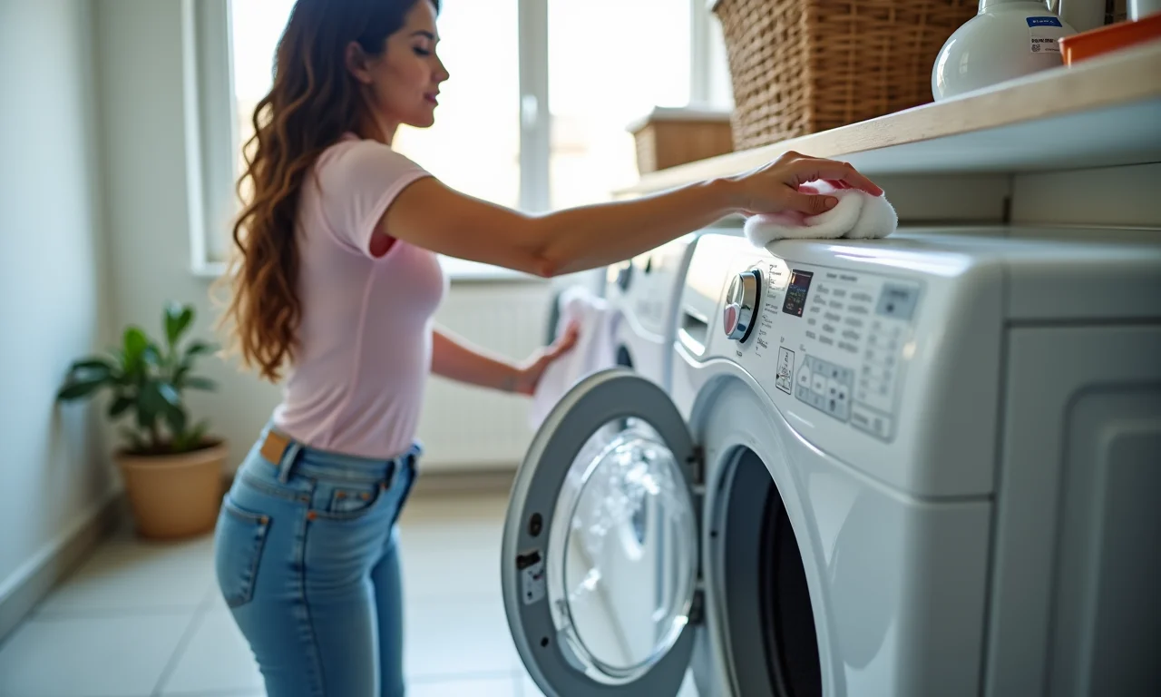 Mulher adicionando folha de amaciante na secadora com cubos de gelo.