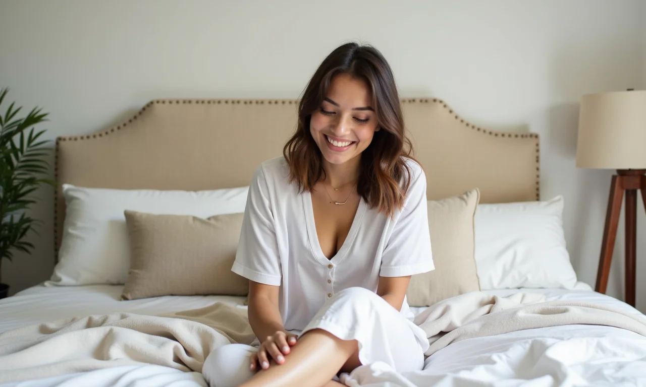 Mulher admirando cabeceira estofada DIY em quarto moderno com cores claras.