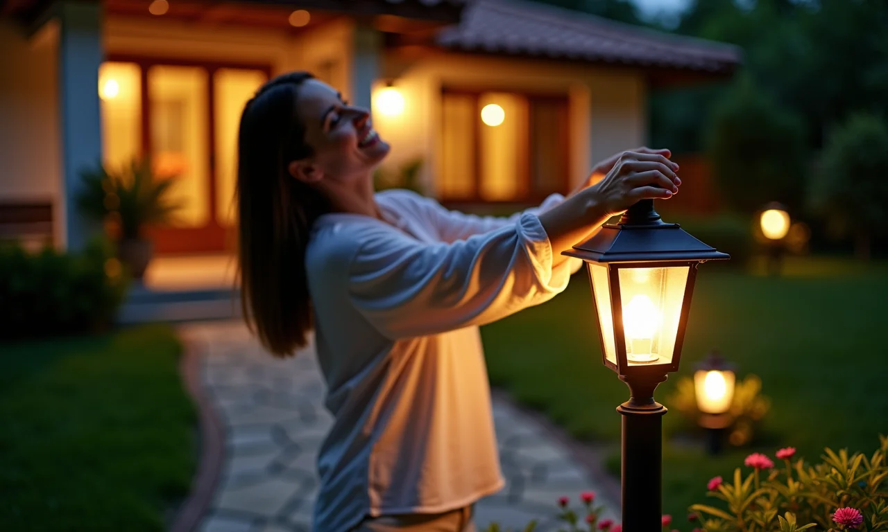 Mulher ajustando a altura de um balizador de caminho no jardim.