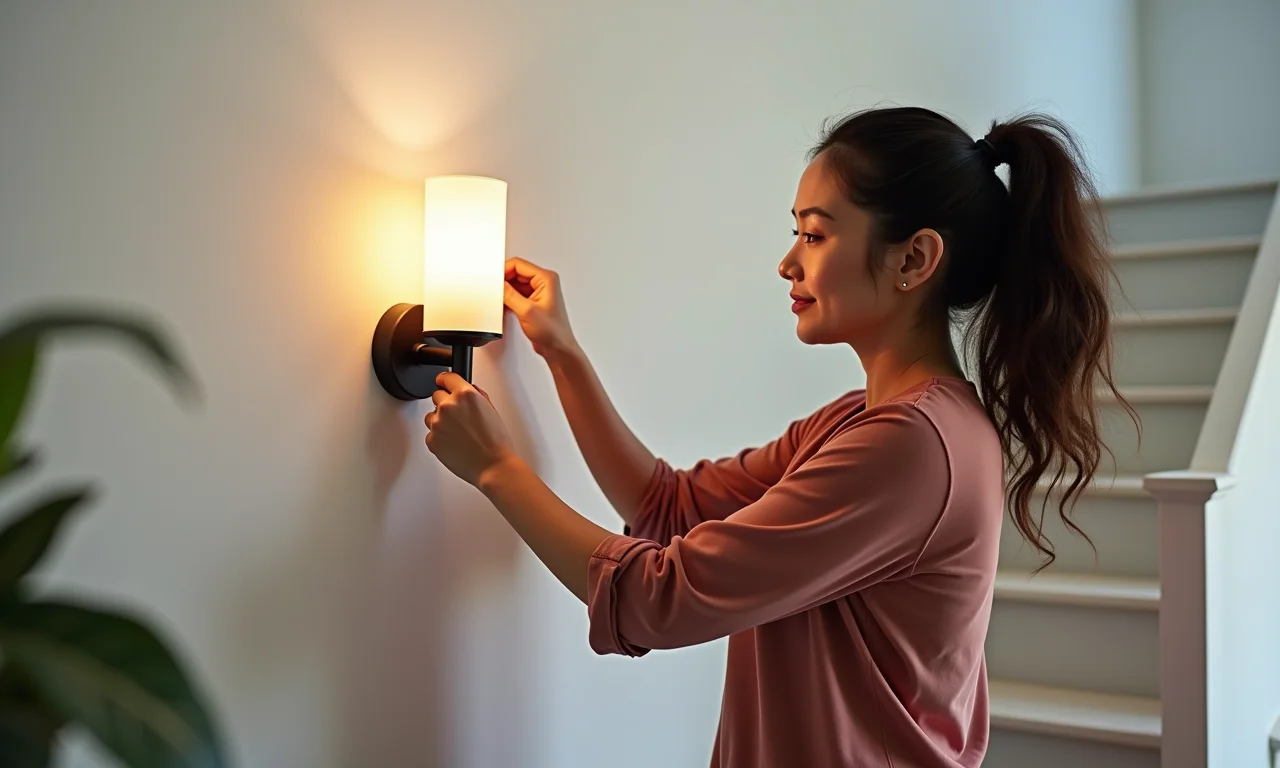 Mulher ajustando arandela na escada, altura ideal.