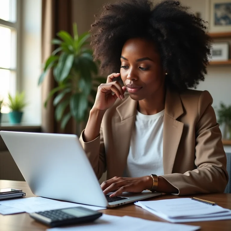 Mulher analisando dados financeiros em um laptop em casa