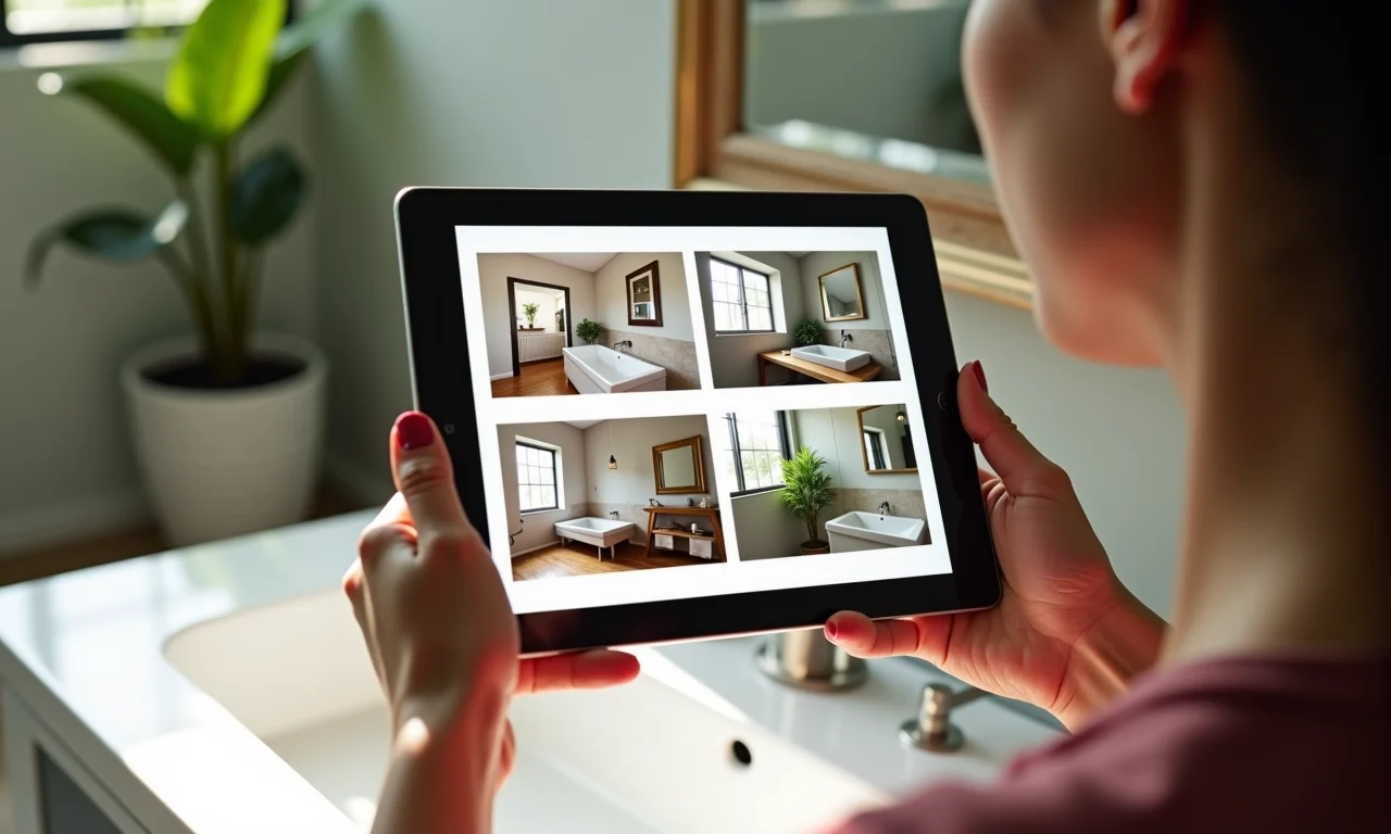 Mulher analisando layouts de banheiro pequeno em tablet.