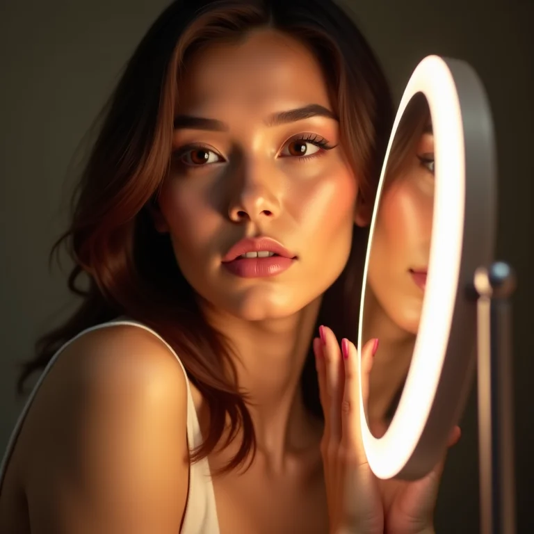 Mulher aplicando maquiagem em frente a um espelho com LED