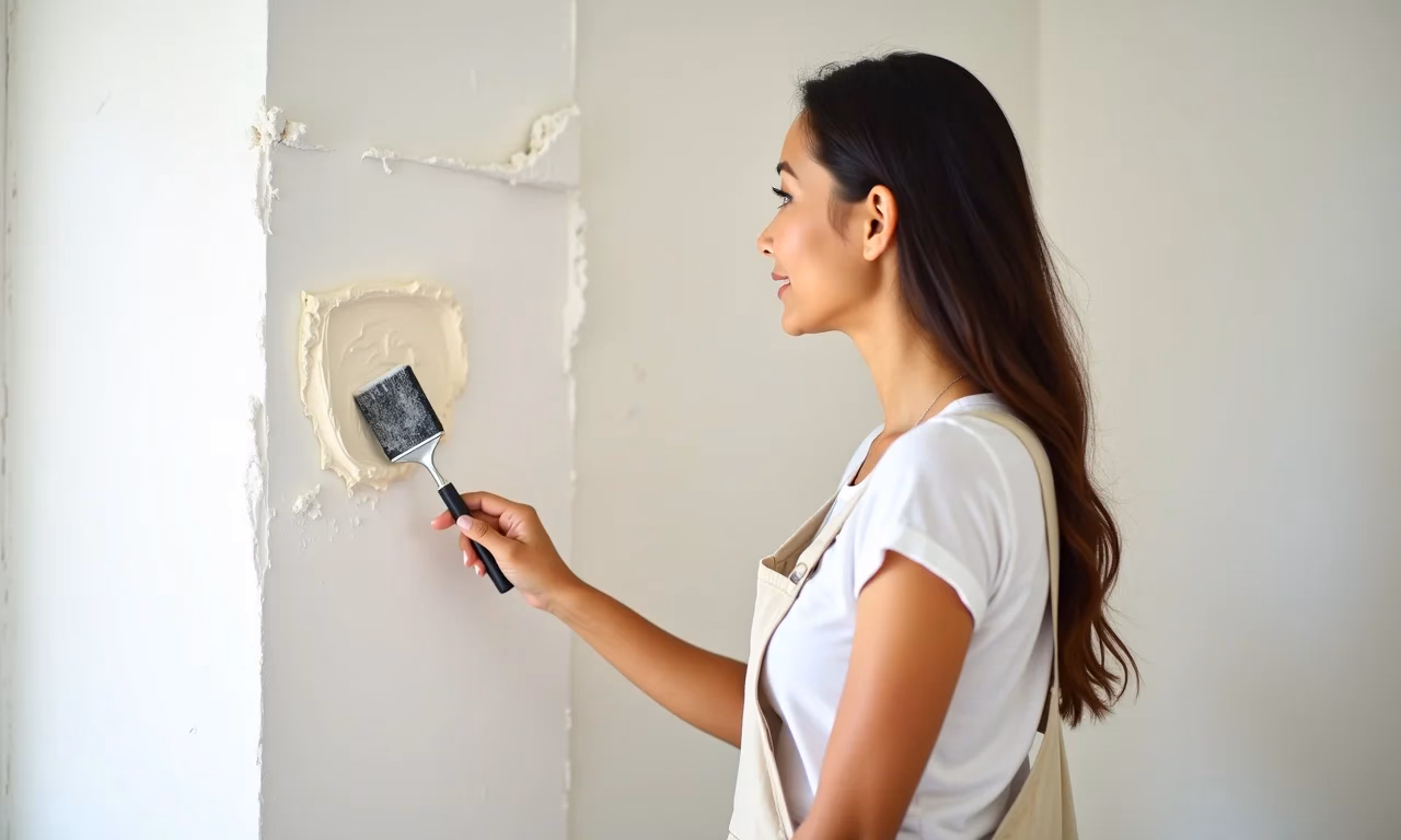 Mulher aplicando massa corrida branca em parede para efeito liso.