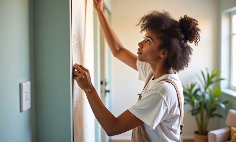 Como Instalar Papel de Parede: Tutorial Sem Segredos Mulher aplicando papel de parede em sala decorada com estilo Farm Rio.
