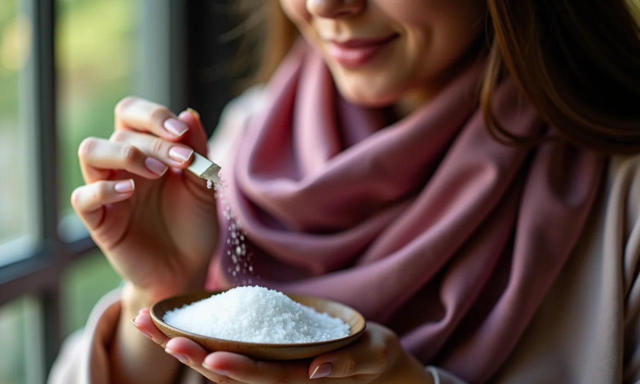 Mulher aplicando sal em lenço de seda manchado.