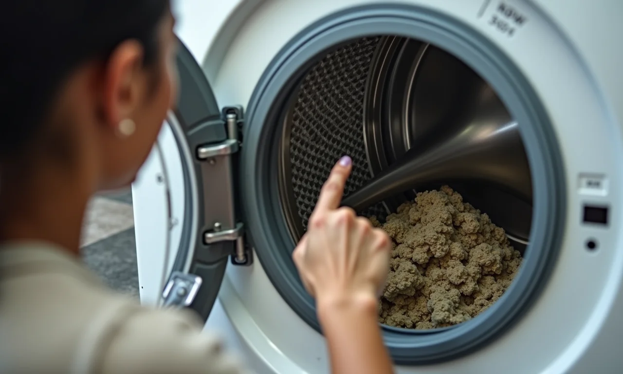 Mulher apontando para mofo dentro da máquina de lavar.