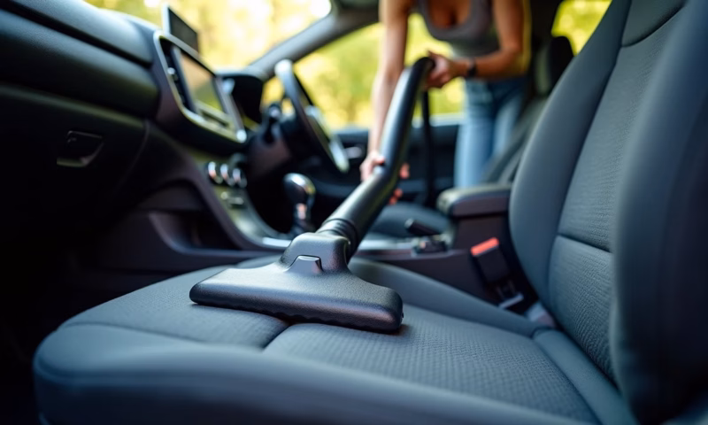 Mulher aspirando o carpete do carro com aspirador de pó.