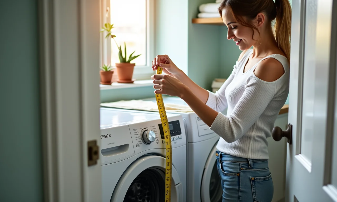 Mulher avaliando espaço pequeno para otimizar a lavanderia.