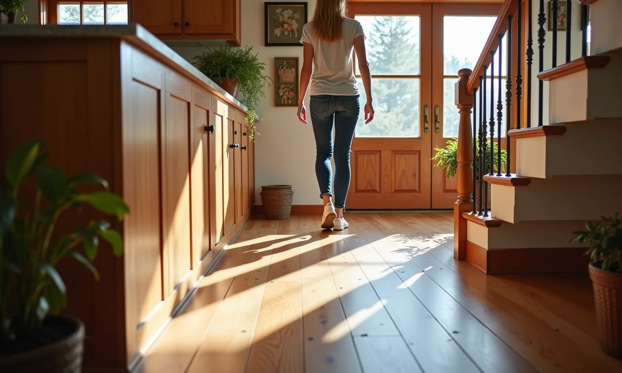 Mulher caminhando em escada com piso vinílico antiderrapante, garantindo segurança.