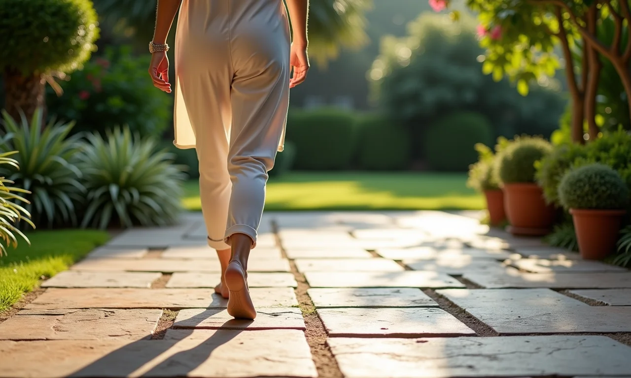 Mulher caminhando sobre um piso de pedra Goiás em área externa.
