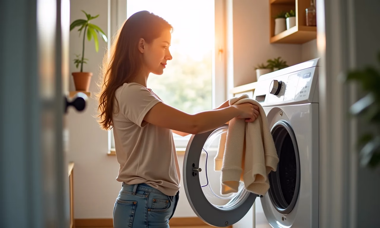 Mulher colocando roupa na máquina de lavar em lavanderia moderna e bem iluminada.