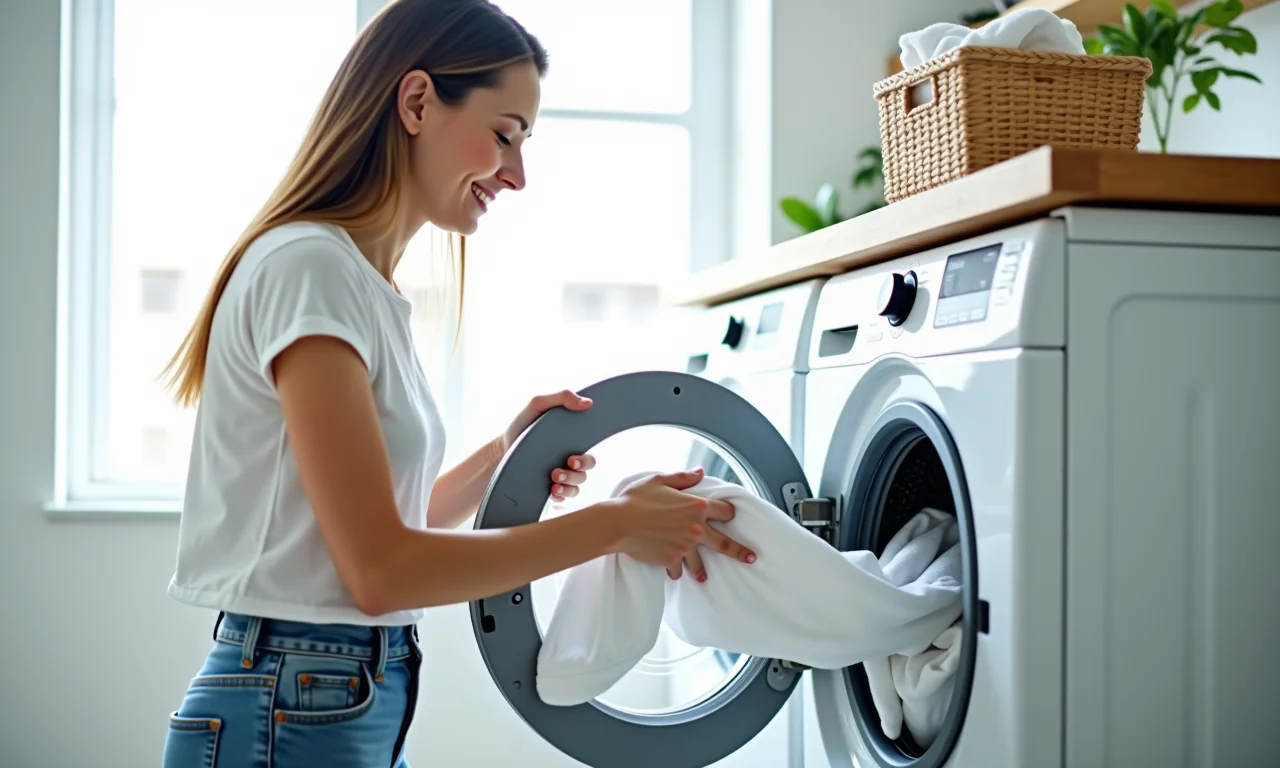 Mulher colocando roupas brancas na máquina de lavar.