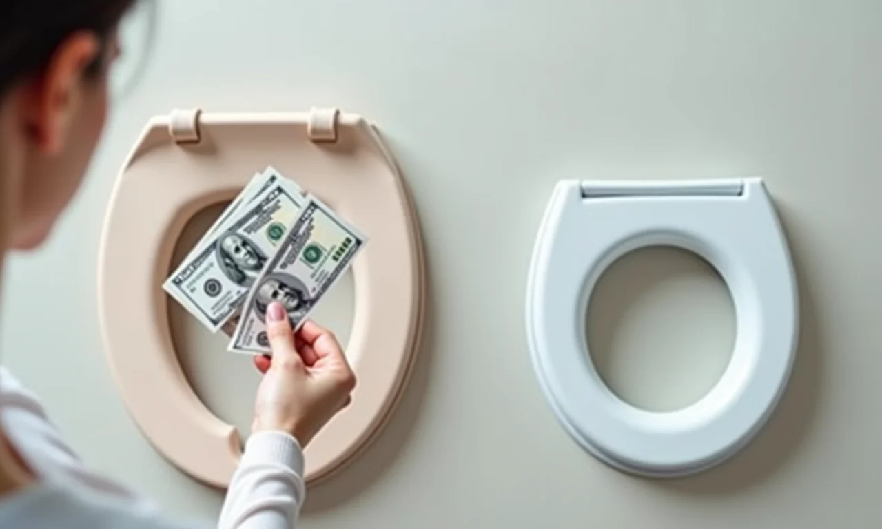 Mulher comparando o preço de assentos sanitários almofadados e de poliéster.