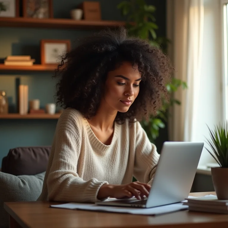 Mulher comprando mesa de canto com prateleiras online.