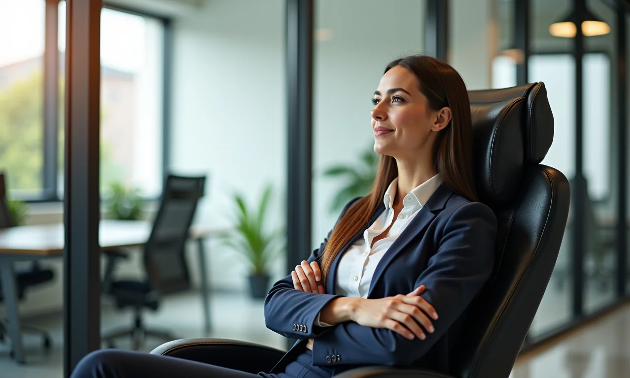 Mulher concentrada trabalhando em cadeira de escritório com massagem que reduz o estresse.