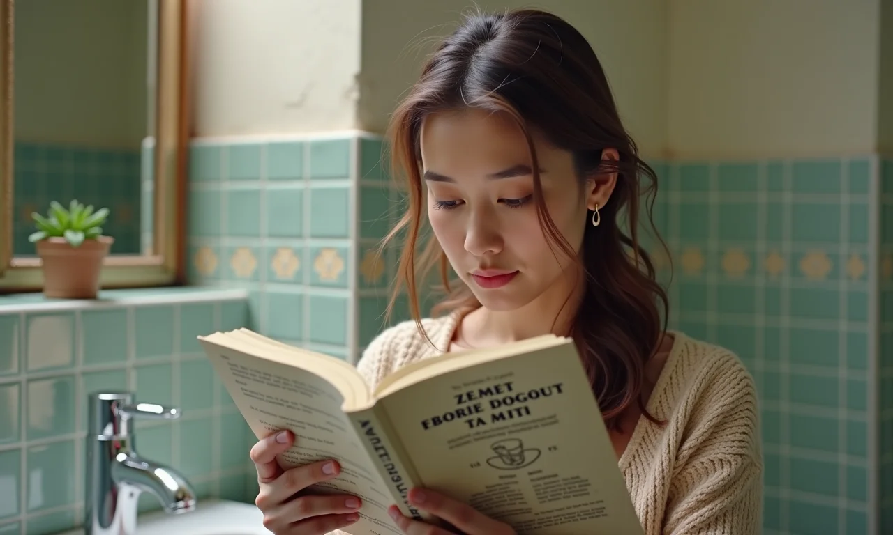 Mulher consultando guia de francês no banheiro.