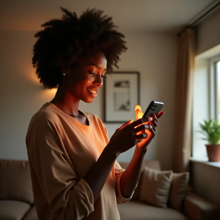 Mulher controlando interruptores inteligentes pelo celular.