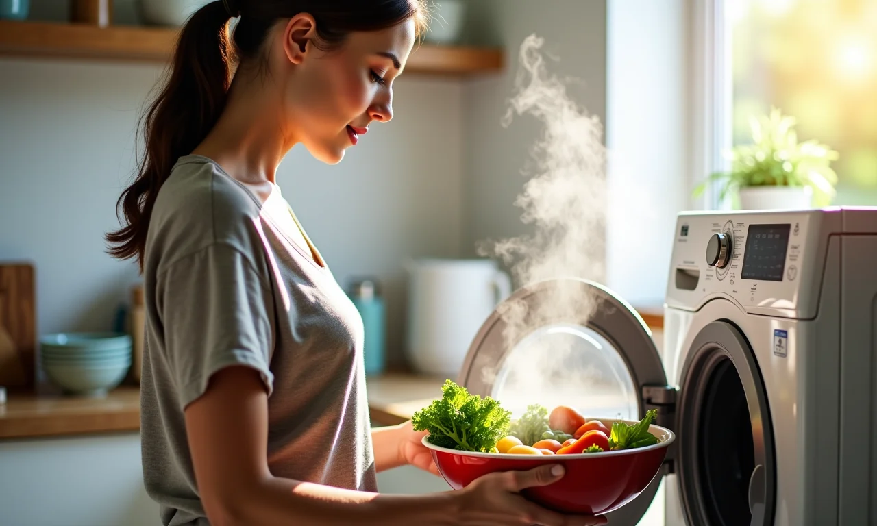 Mulher cozinhando legumes no vapor usando o calor da secadora.