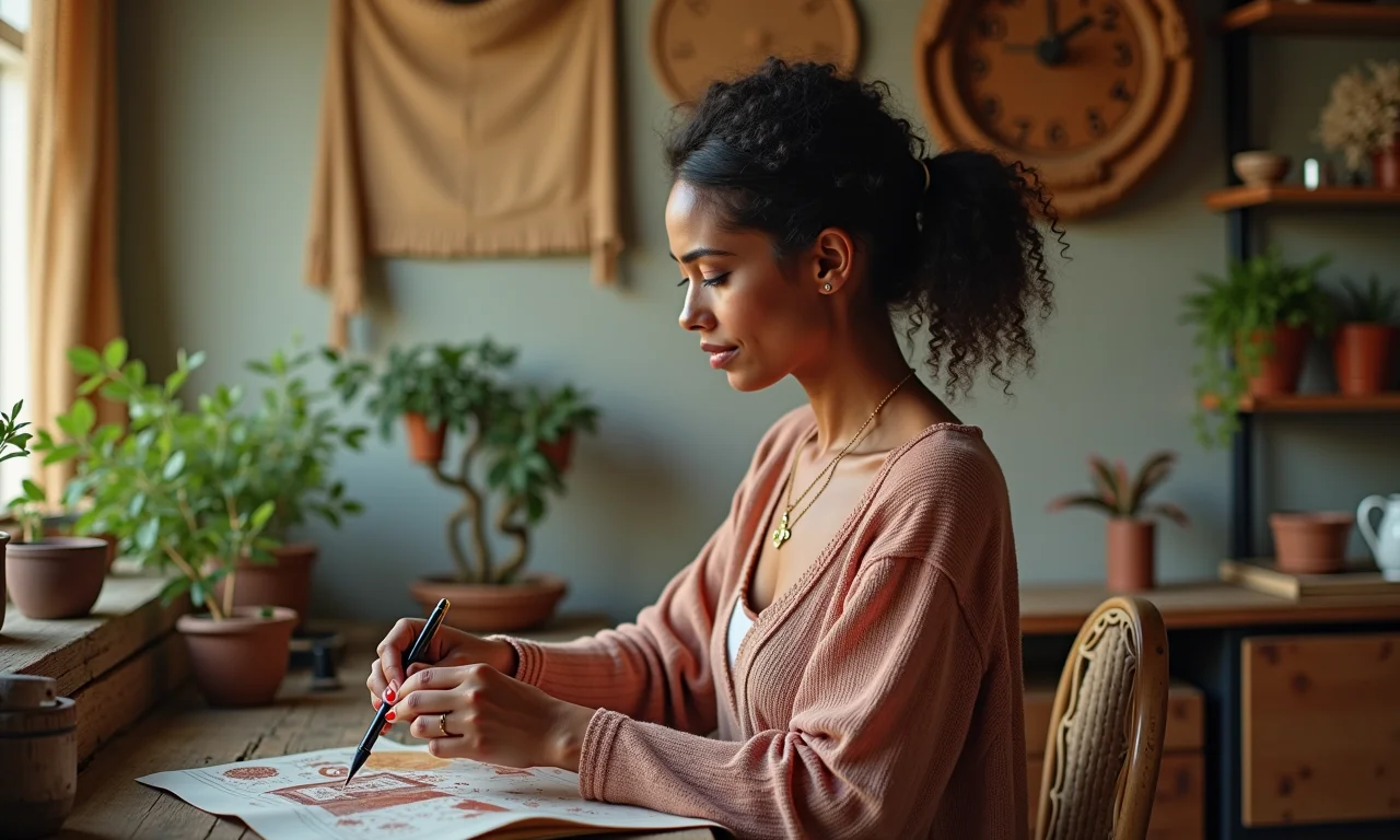 Mulher decorando quarto boho com peças vintage e toque pessoal