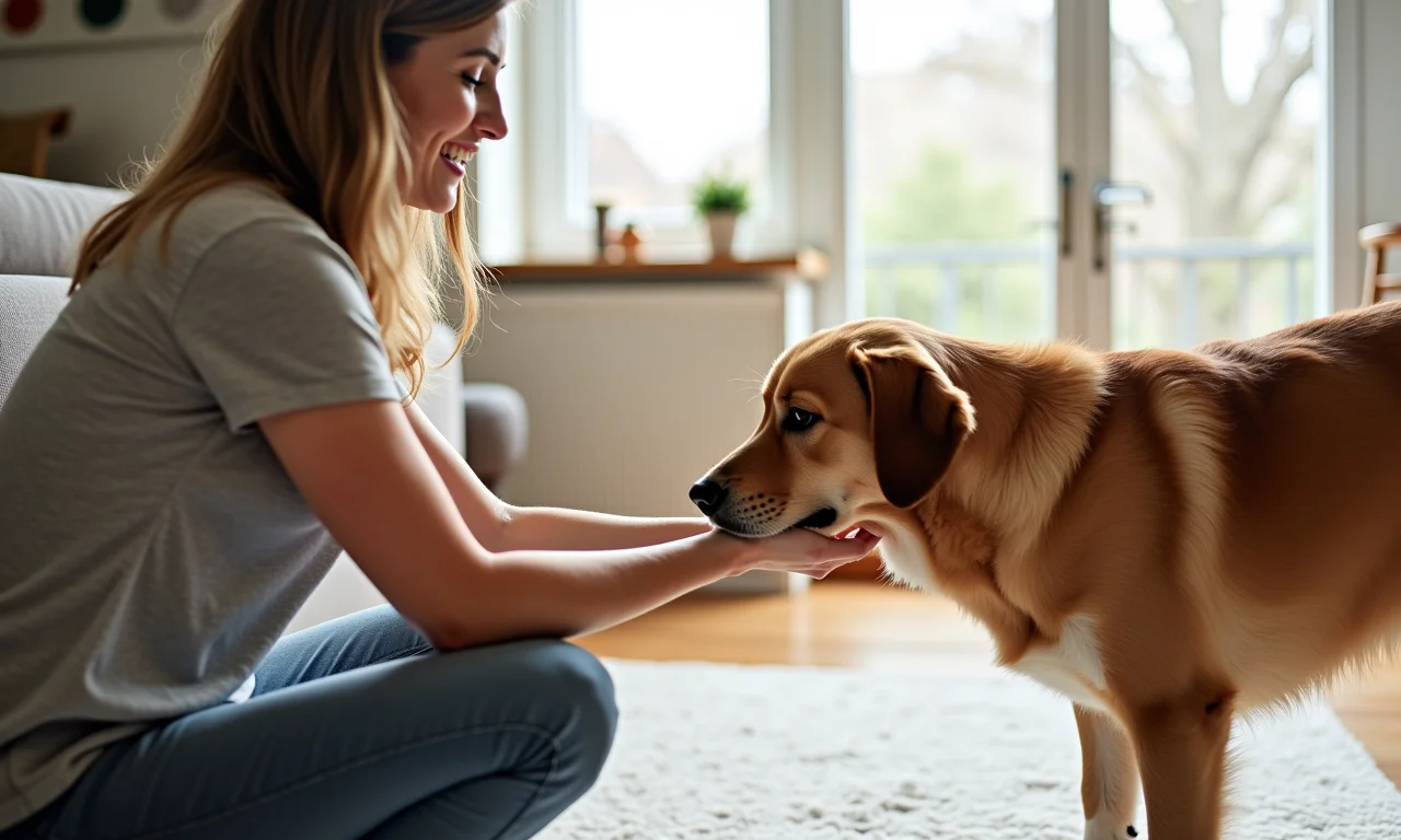 Mulher ensinando cachorro a usar tapete higiênico.