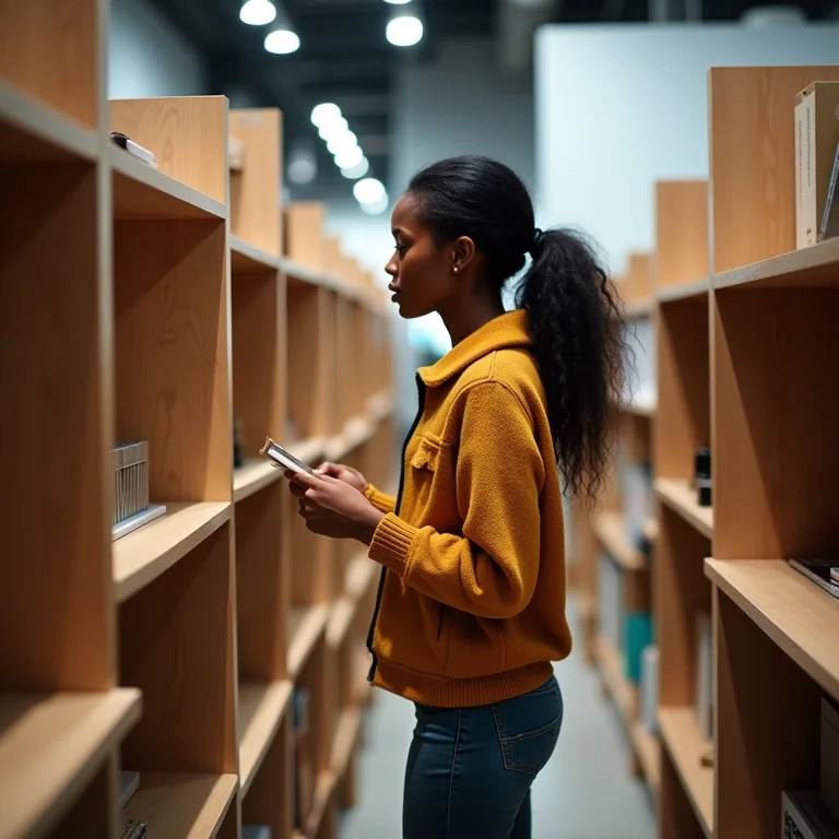 Mulher escolhendo mesa de canto com prateleiras em loja física.