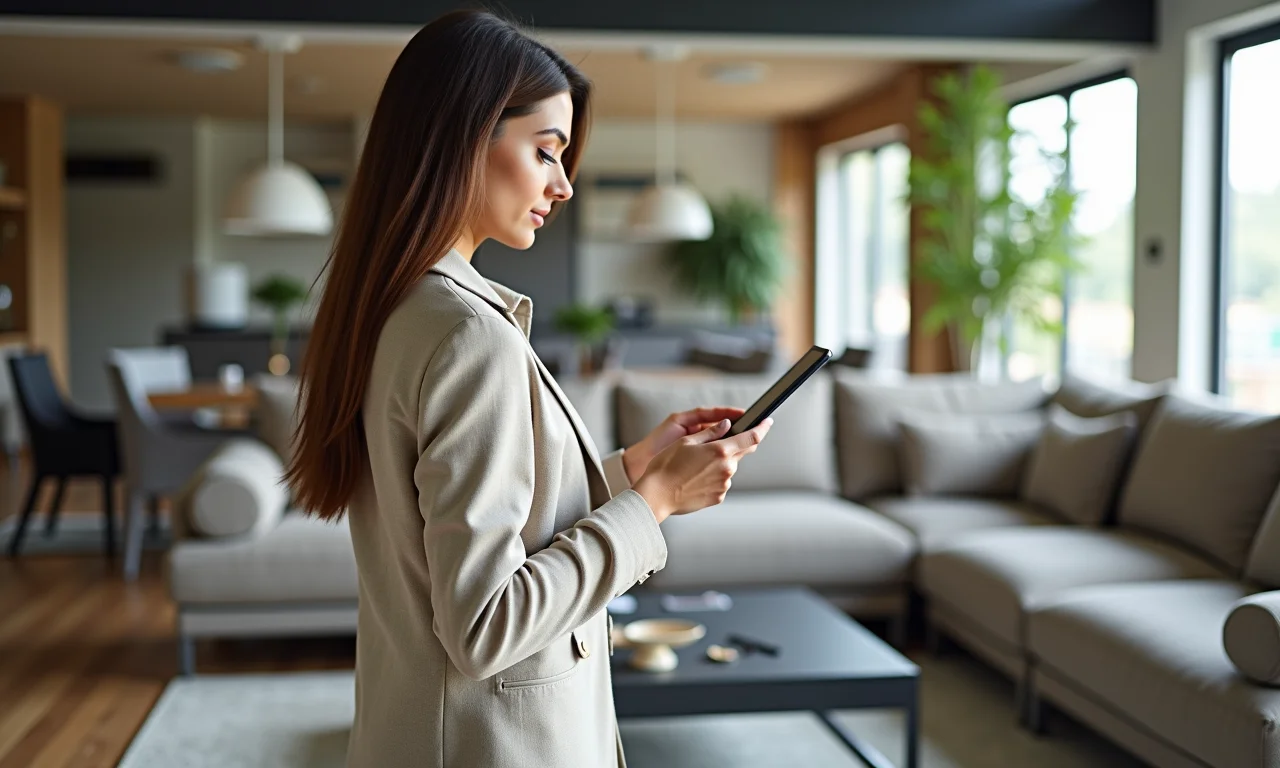 Mulher escolhendo móveis de fibra sintética com design moderno.