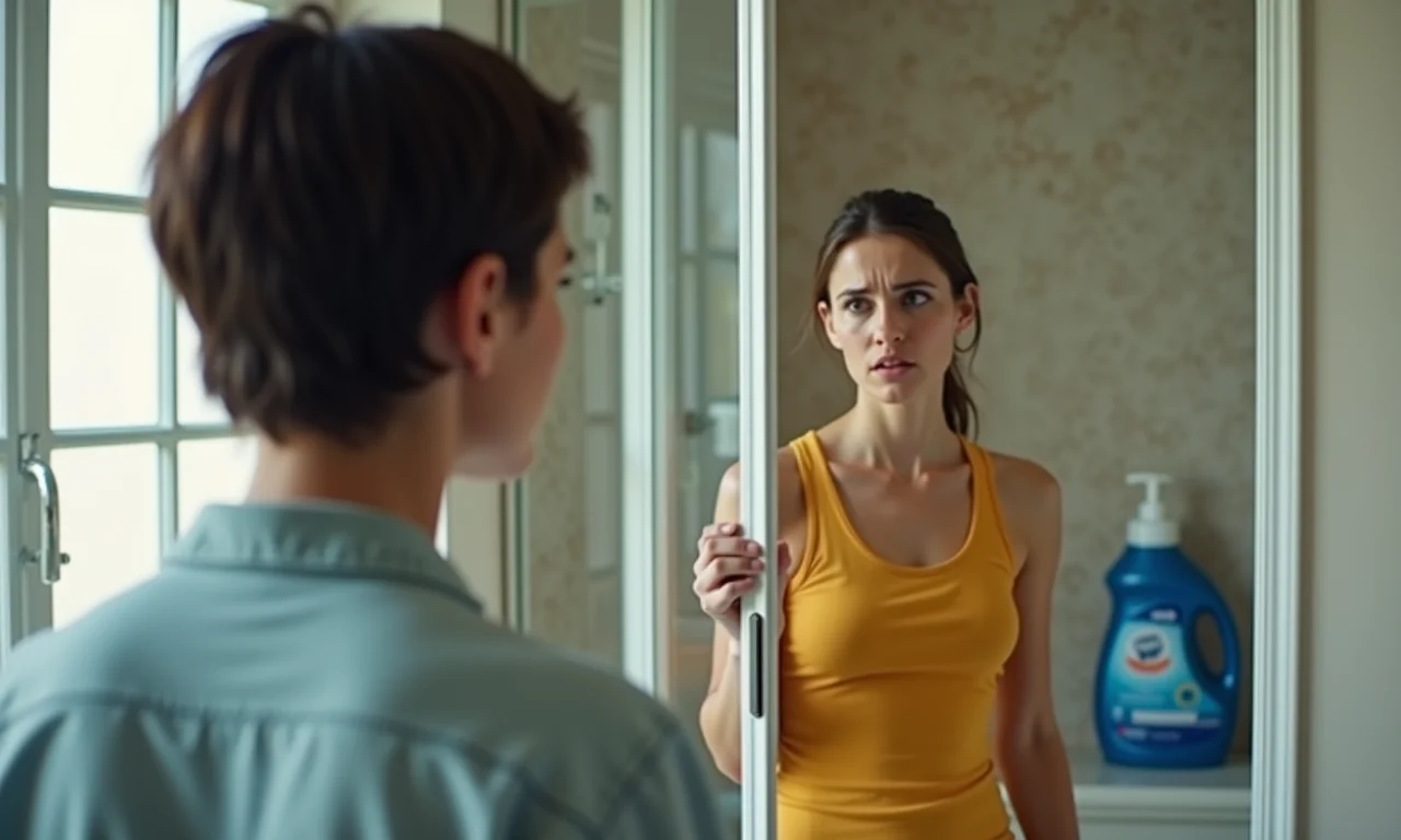 Mulher hesitante olhando para o box sanfonado e pensando se deve usar água sanitária.