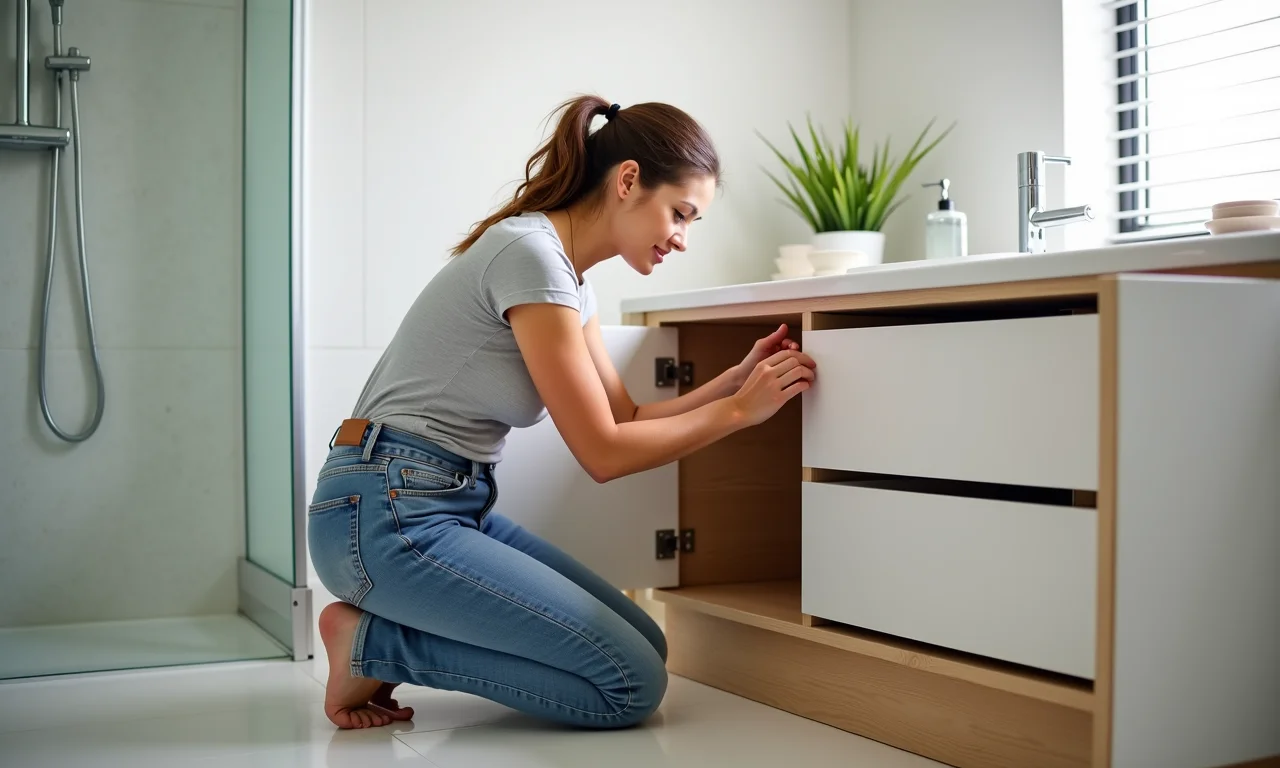 Mulher instalando armário de chão para banheiro de fácil instalação.