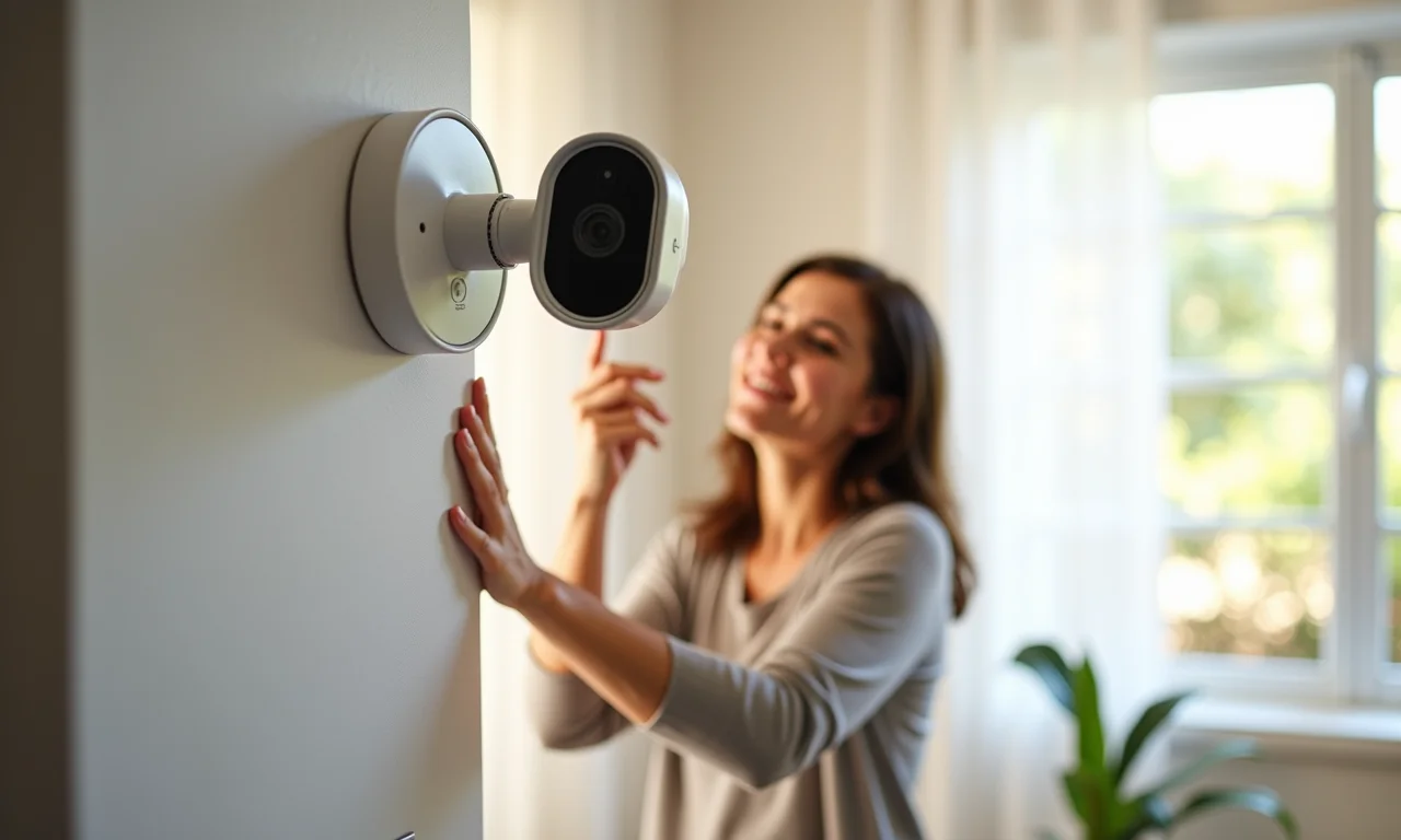Mulher instalando câmera 360 Wi-Fi, fácil instalação.