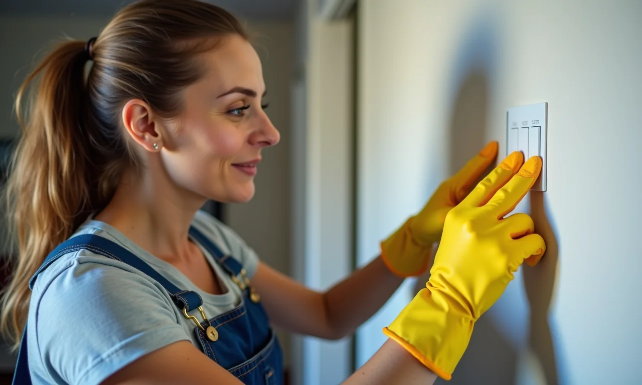 Mulher instalando dimmer com luvas de segurança em casa.