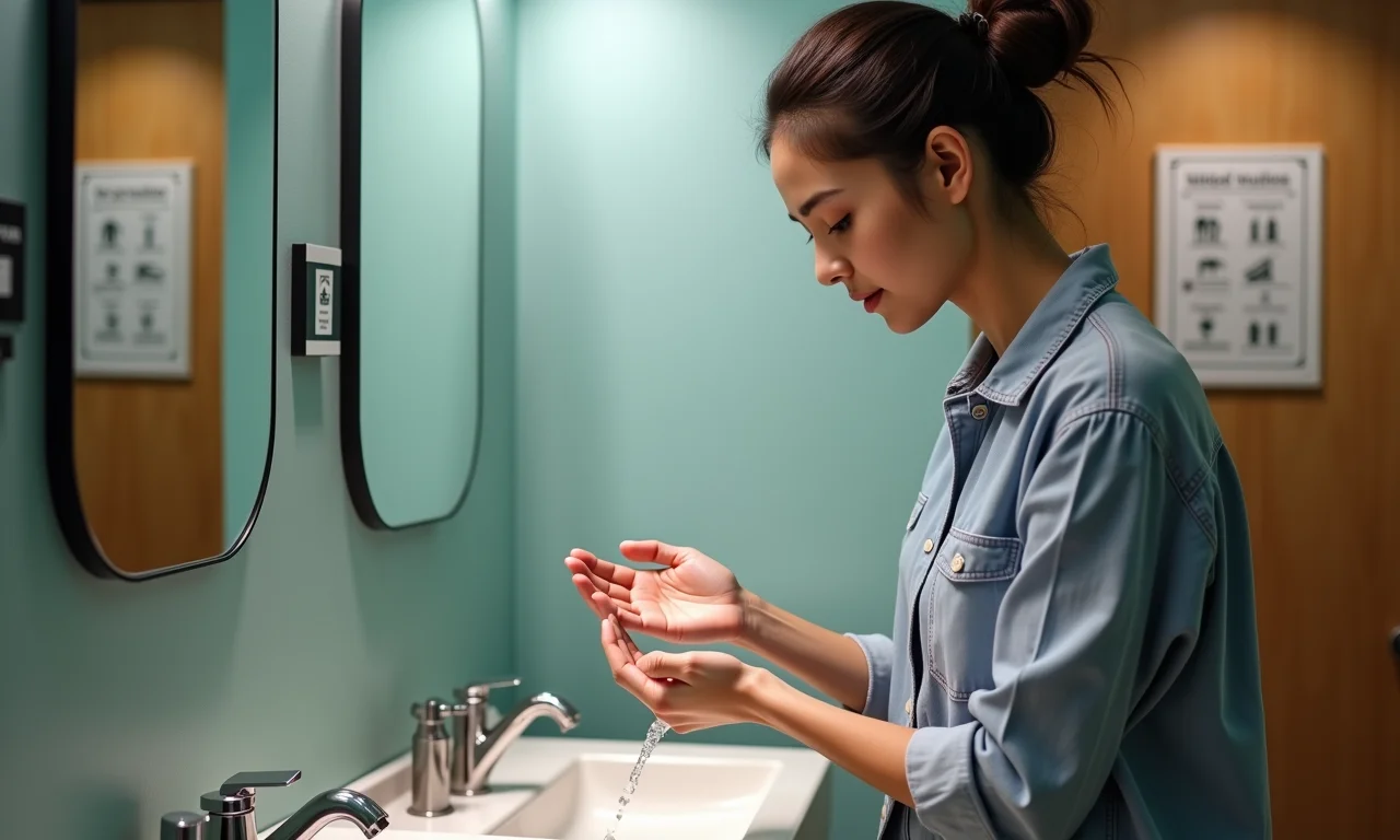 Mulher lavando as mãos em um banheiro público, com placa de regras de etiqueta ao fundo.