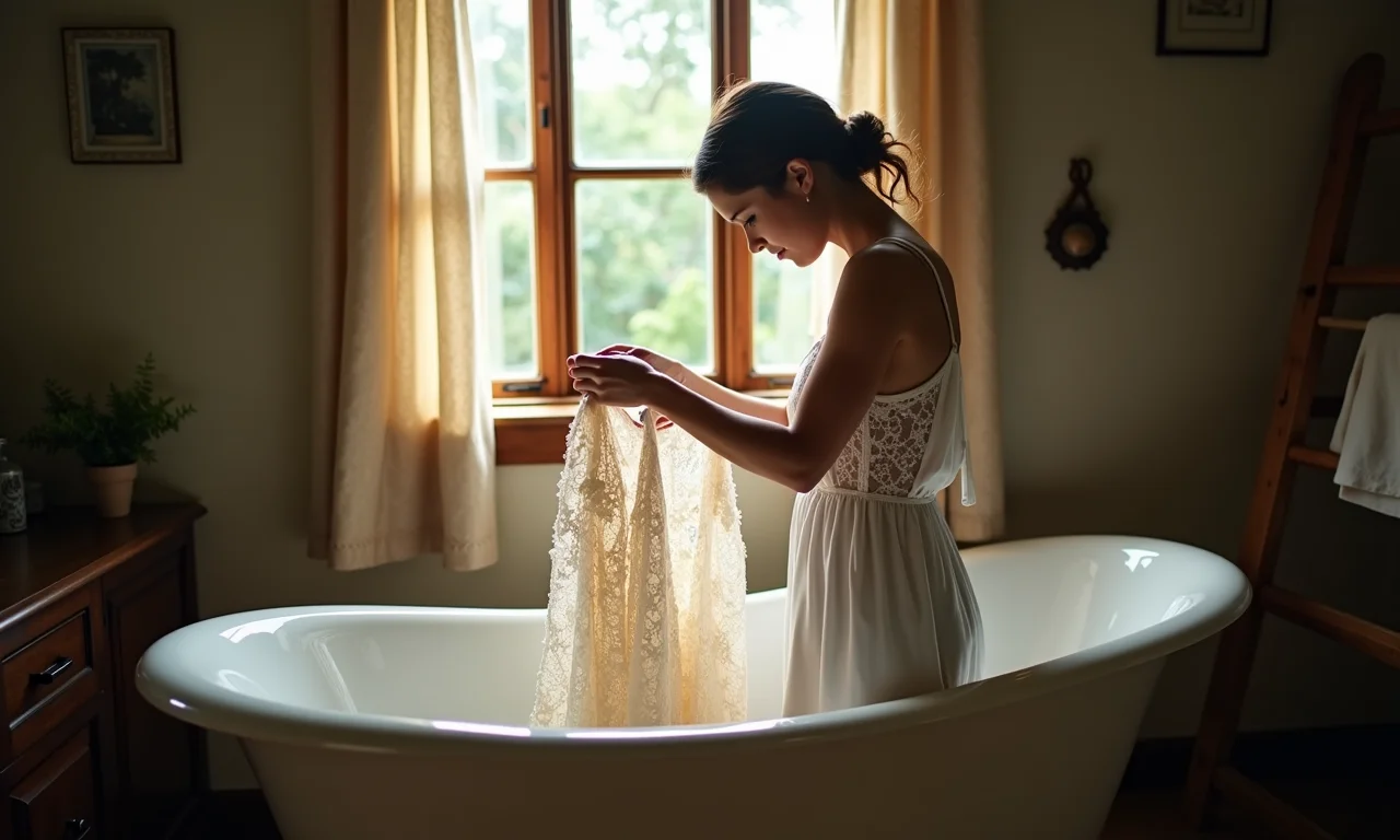 Mulher lavando vestido de renda à mão em banheira.