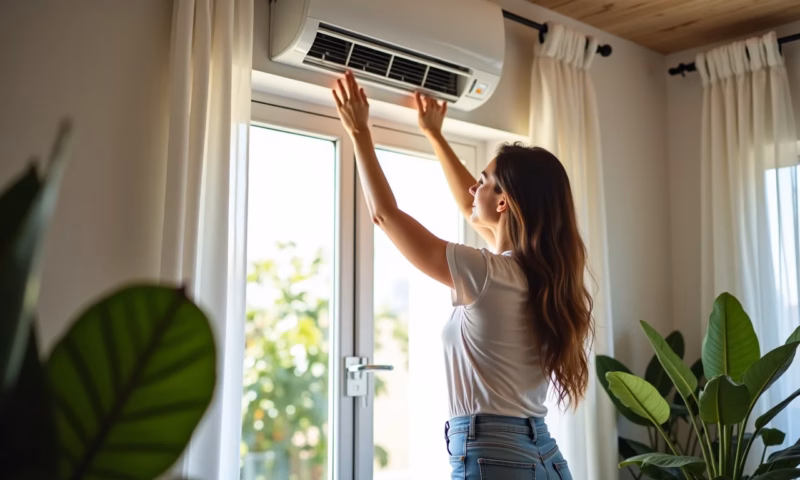 Como Fazer a Limpeza do Ar Condicionado Split em Casa Mulher limpando ar condicionado split em casa com decoração vibrante.