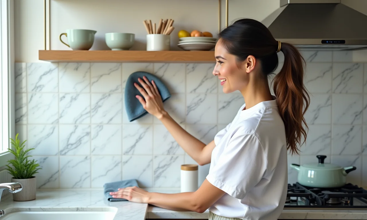 Mulher limpando backsplash marmorizado com facilidade.