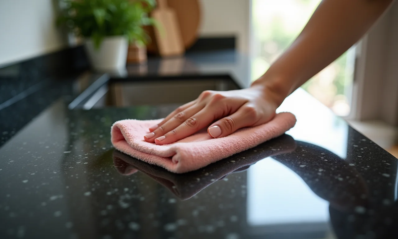 Mulher limpando bancada de granito preto São Gabriel.