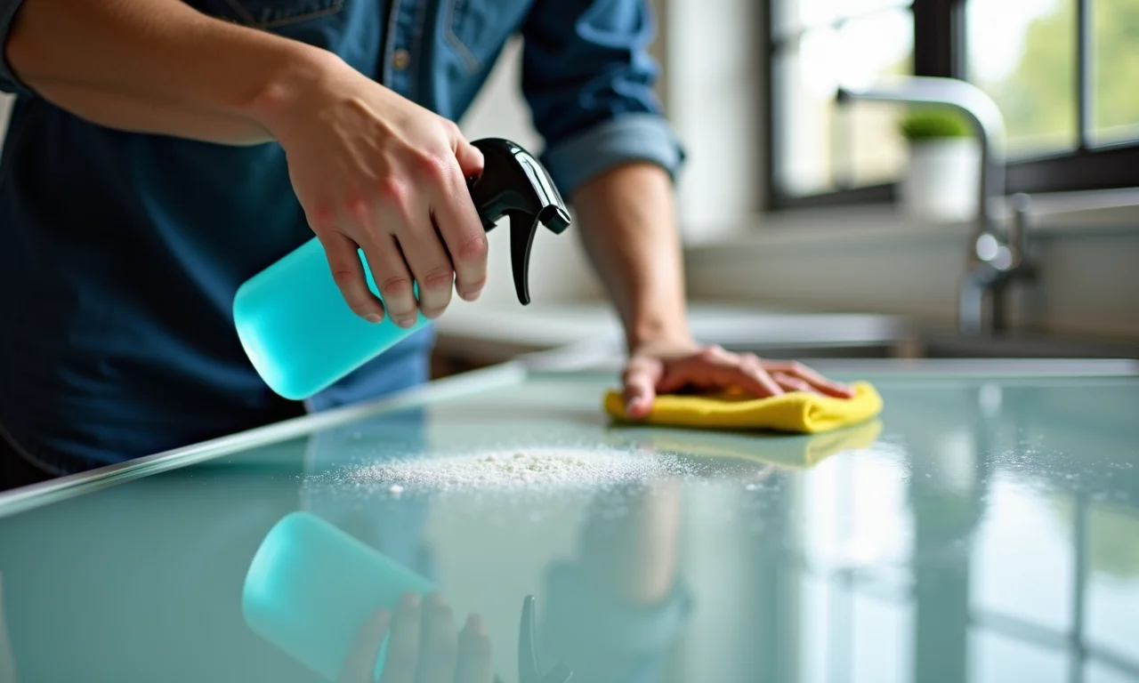 Mulher limpando bancada de vidro com cuidado, mantendo-a impecável.