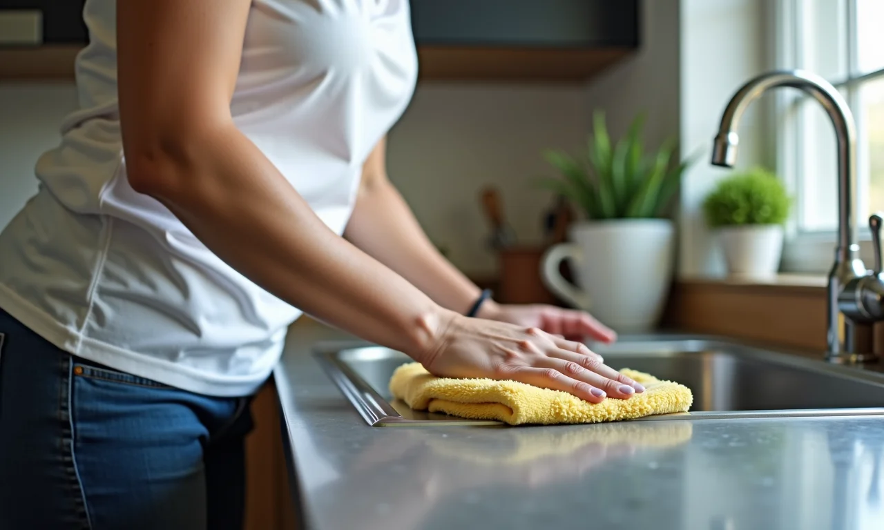 Mulher limpando facilmente bancada de inox com um pano.