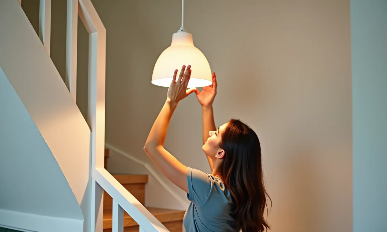 Mulher limpando luminária pendente na escada, processo simples.