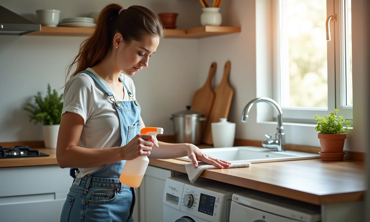 Mulher limpando máquina de lavar com vinagre e bicarbonato.