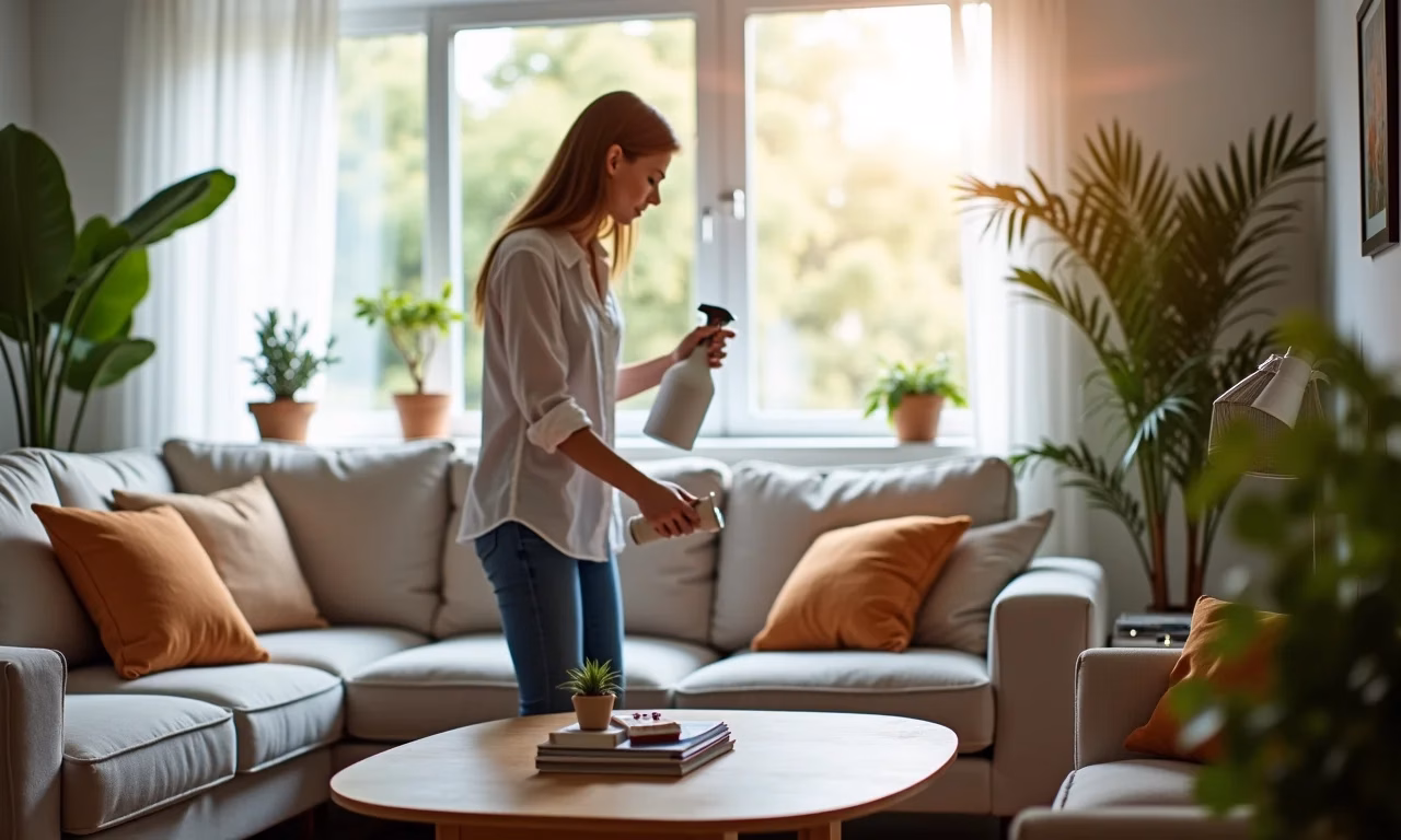 Mulher limpando sofá de tecido em sala iluminada com decoração vibrante.