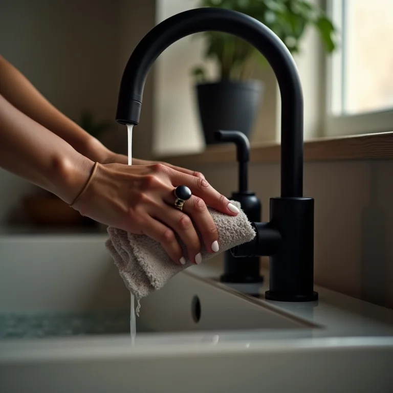 Mulher limpando torneira preta fosca com pano macio